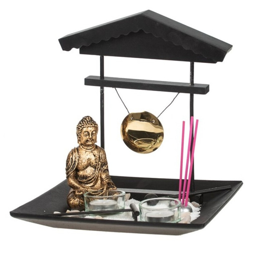Concorde Boeddha zen tuin met waxinelichthouders - voor binnen - goud - 24 x 26 cm -