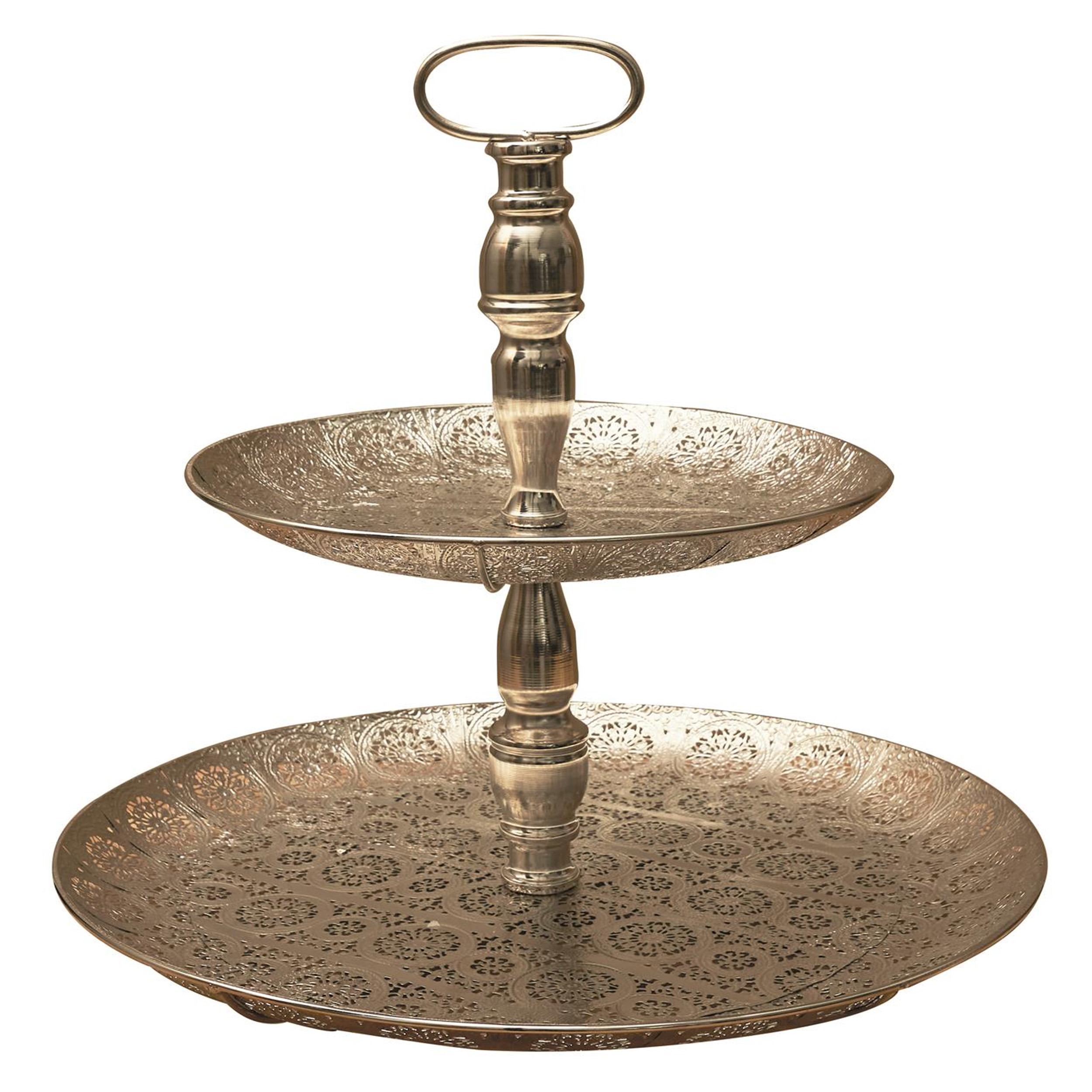 Home Deco Factory Etagere 2 laags - zilver - metaal - D40 x H49 cm - Hightea - Taartjes - Decoratief - Serveerschaal -