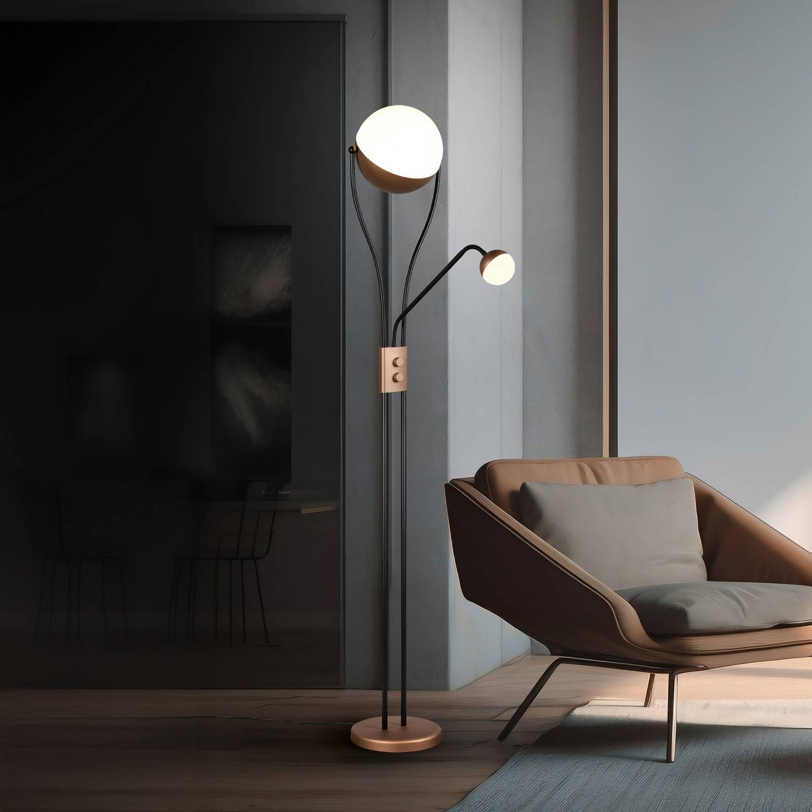 Trio Lighting LED vloerlamp Chris, koffie, metaal, leeslamp, dimmer