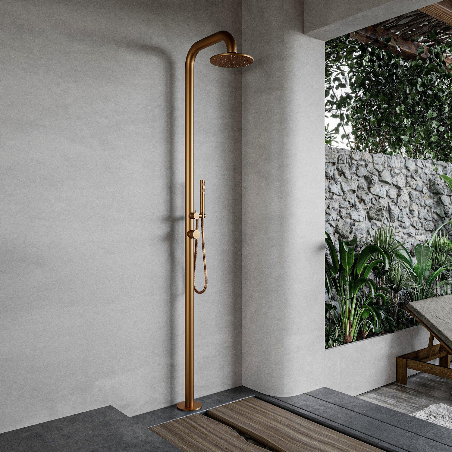 Fortifura Buitendouche vrijstaand  Outdoor Deluxe Regendouche Met Handdouche Geborsteld Koper 