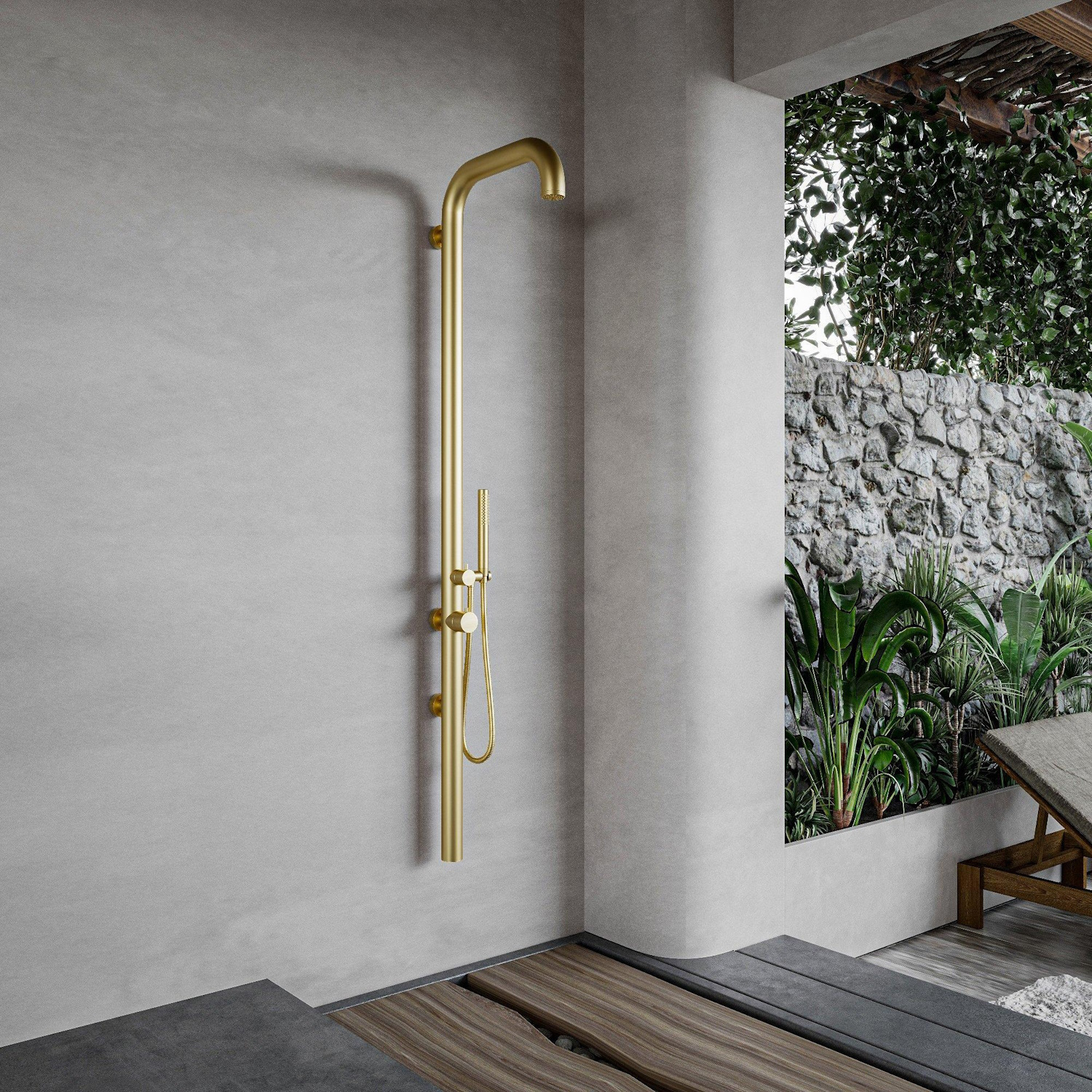Fortifura Buitendouche  Outdoor Original Wandmodel Met Handdouche Geborsteld Messing 