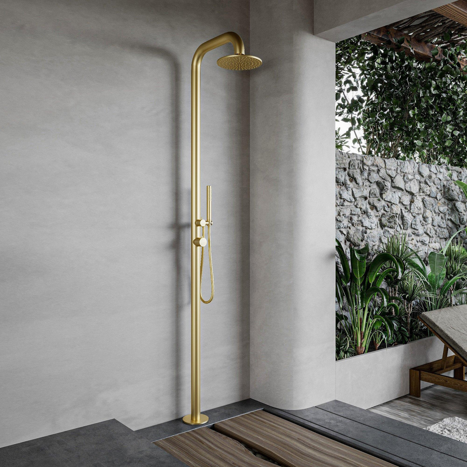 Fortifura Buitendouche vrijstaand  Outdoor Deluxe Regendouche Met Handdouche Geborsteld Messing 