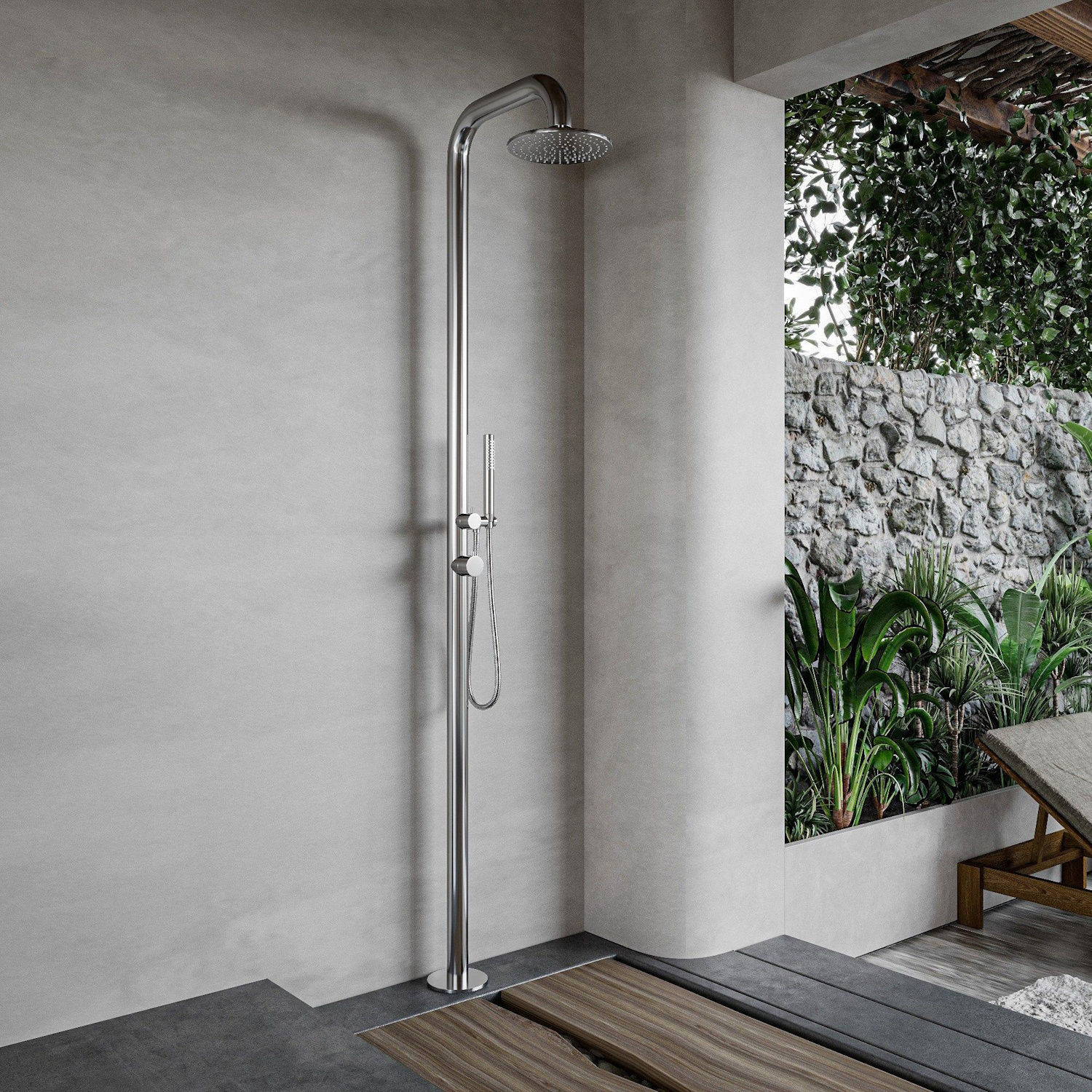 Fortifura Buitendouche vrijstaand  Outdoor Deluxe Regendouche Met Handdouche Geborsteld RVS 