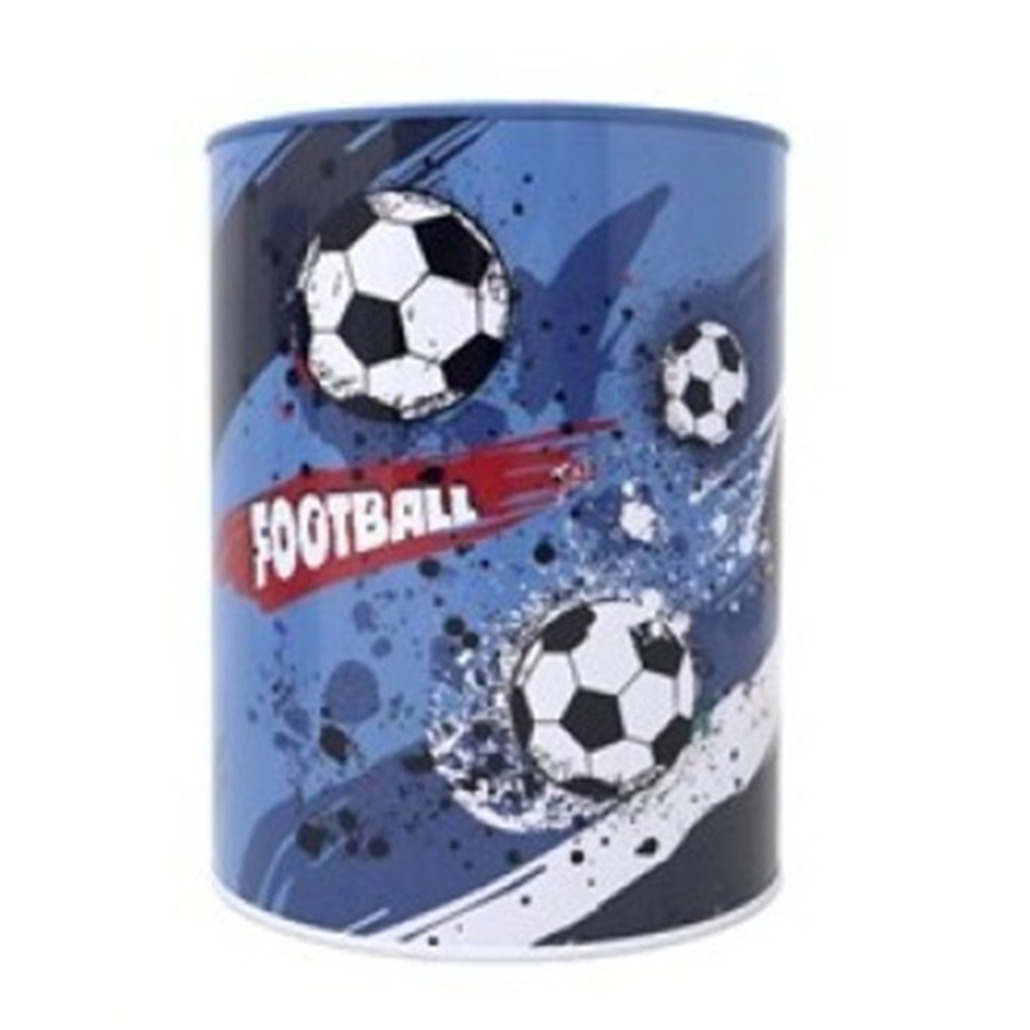 Concorde Spaarpot blik voetbal thema - blauw - D12 x H16 cm - Football tekst - sport cadeau -