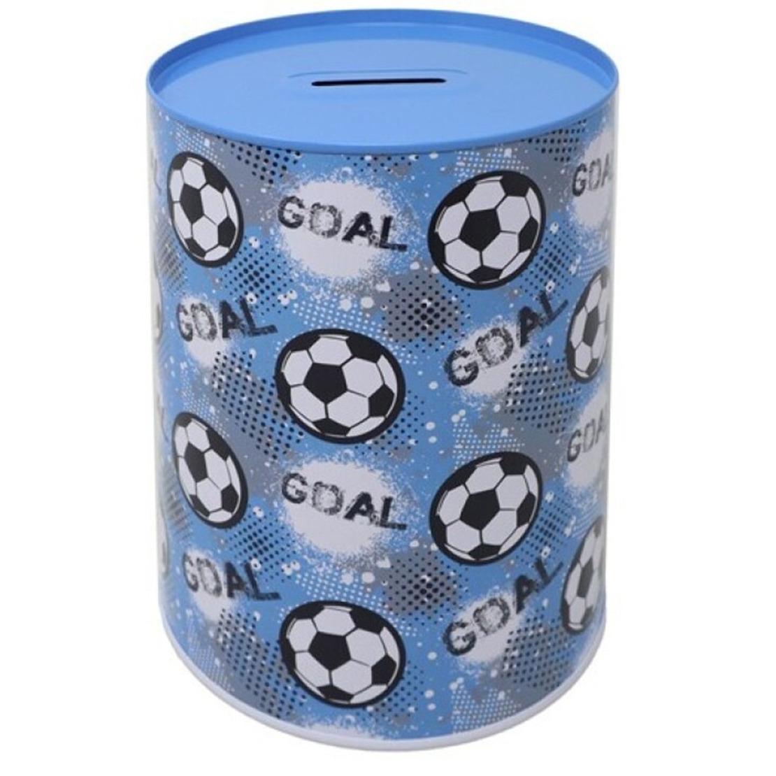 Concorde Spaarpot blik voetbal thema - blauw - D12 x H16 cm - goal tekst - sport cadeau -