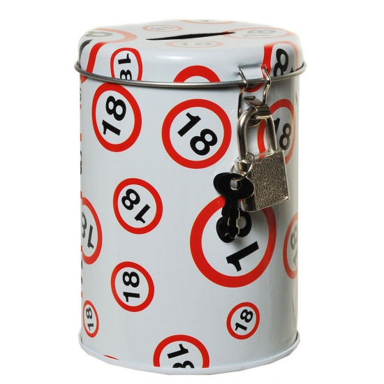 Merkloos Spaarpot 18 jaar verjaardag - met verkeersborden print - 11 x 8 cm - met slotje -