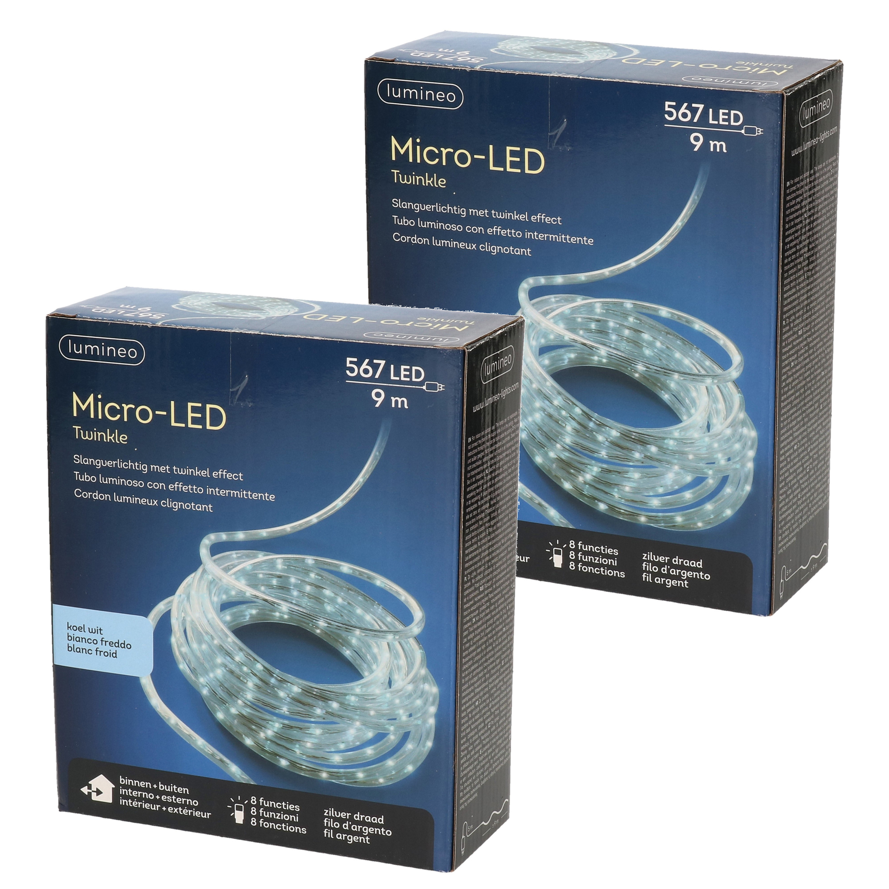 Merkloos Set van 2x stuks lichtslang/slangverlichting helder wit 9 meter met twinkel effect 567 lampjes -
