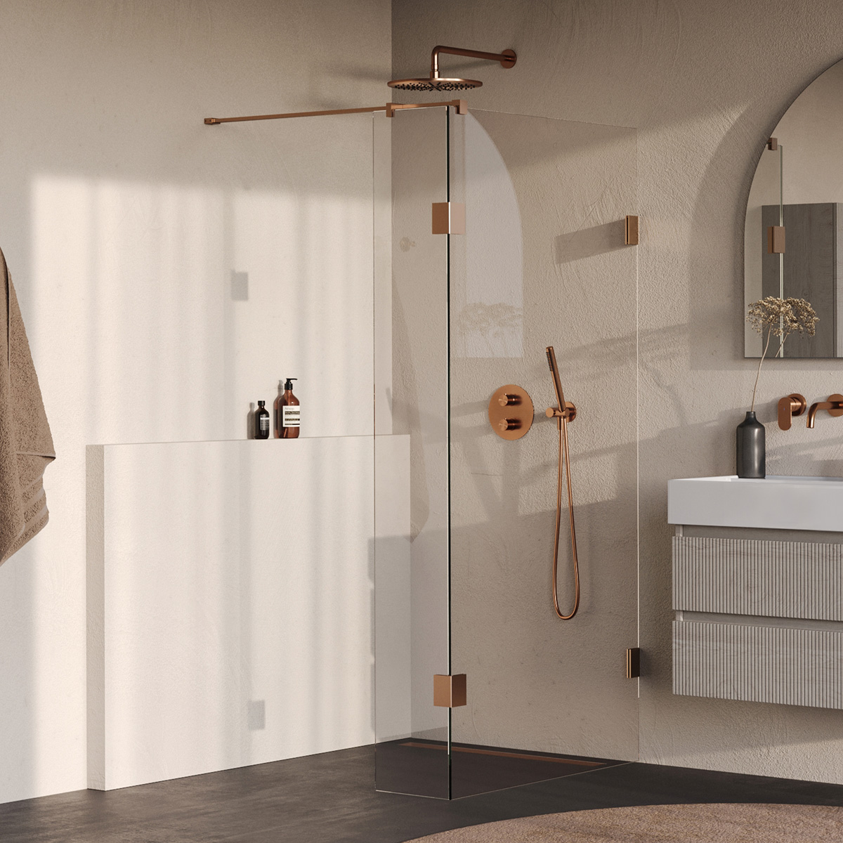 Brauer Void profielloze inloopdouche 100cm met 30cm zijwand koper geborsteld PVD
