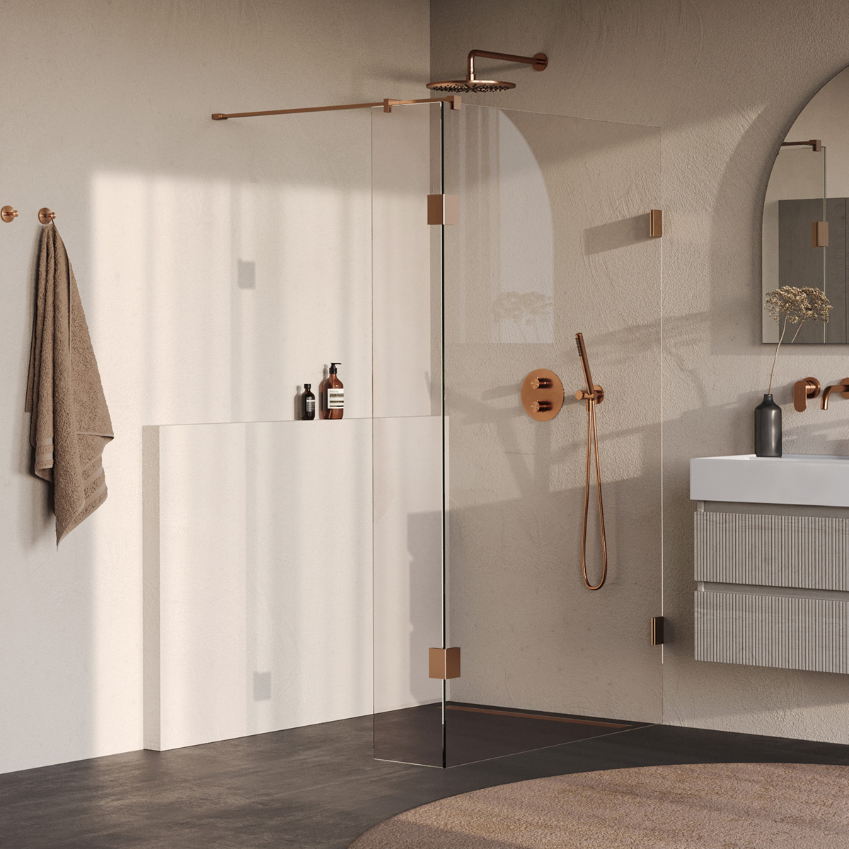 Brauer Void profielloze inloopdouche 110cm met 30cm zijwand koper geborsteld PVD