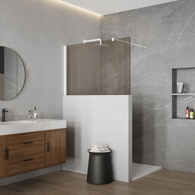 Fortifura Galeria Halfhoge Inloopdouche - 140x80cm - rookglas - 8mm - nano - met profiel en stabilisatiestang - Mat Wit SW797906 SW1235447