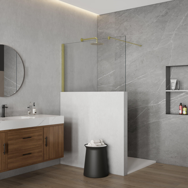 Fortifura Galeria Halfhoge Inloopdouche - 140x80cm - helder glas - 8mm - nano - met profiel en stabilisatiestang - Geborsteld Messing PVD (Goud) SW1235438 SW797910