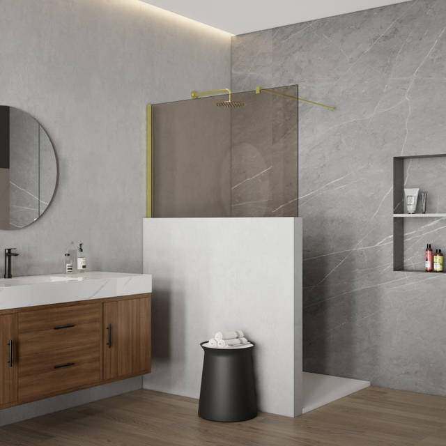 Fortifura Galeria Halfhoge Inloopdouche - 140x80cm - rookglas - 8mm - nano - met profiel en stabilisatiestang - Geborsteld Messing PVD (Goud) SW797910 SW1235447