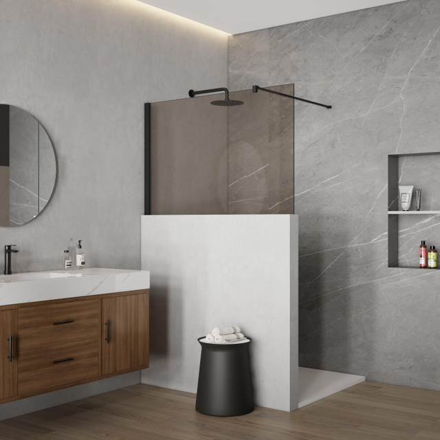 Fortifura Galeria Halfhoge Inloopdouche - 140x80cm - rookglas - 8mm - nano - met profiel en stabilisatiestang - Mat Zwart SW797905 SW1235447
