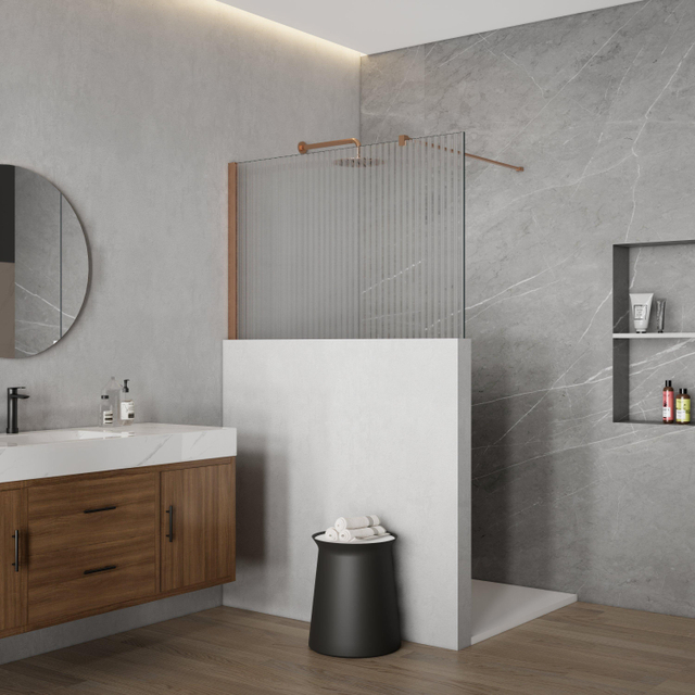 Fortifura Galeria Halfhoge Inloopdouche - 140x80cm - ribbelglas - 8mm - nano - met profielset en stabilisatiestang - Geborsteld koper PVD (Koper) SW1235452 SW876702