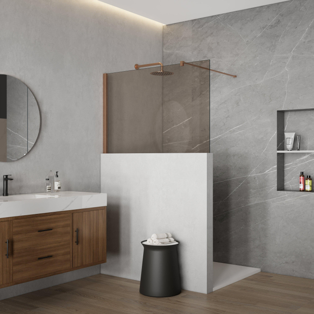 Fortifura Galeria Halfhoge Inloopdouche - 140x80cm - rookglas - 8mm - nano - met profiel en stabilisatiestang - Geborsteld koper PVD (Koper) SW876702 SW1235447