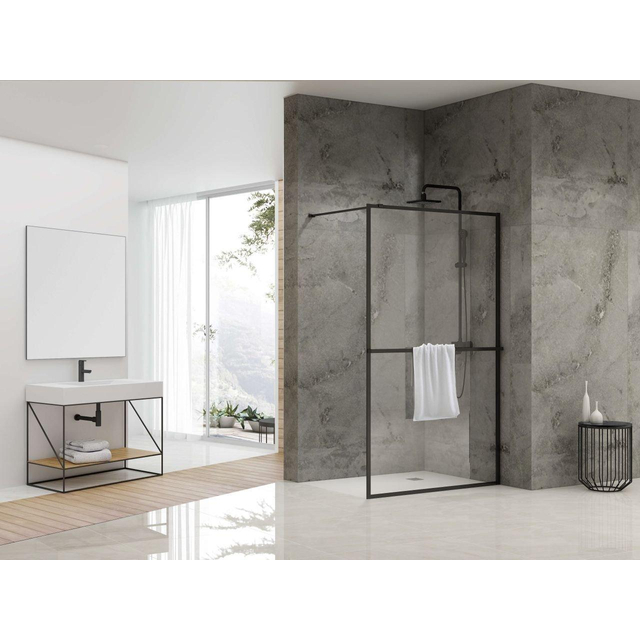 Van Rijn Products ST04 Vaste wand - 89.5x200cm - helder glas - dikte 8mm - incl. stabilisatiestang - incl. handdoekhouder - zwart mat ST0490KPH