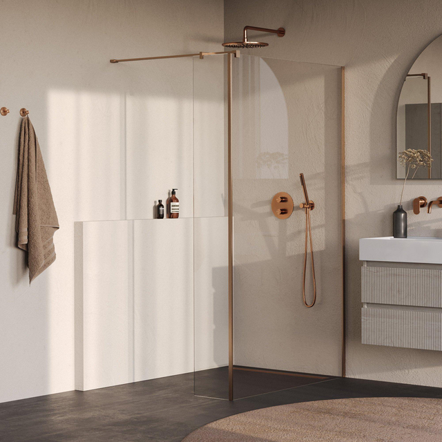 Brauer Oblivion Inloopdouche - 120x200cm - 40cm zijwand - glascoating - helder glas - geborsteld koper PVD GS-OBI2H12040200GK