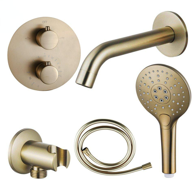 Fortifura Calvi Badkraan set - uitloop - 22cm inkortbaar - rond bedieningspaneel - gladde slang - ronde handdouche - inbouwdeel - wandhouder - geborsteld messing SW720569/SW728176/SW799451/SW1122513/S
