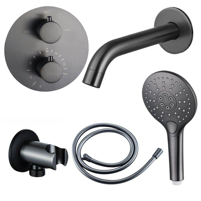 Fortifura Calvi Badkraan set - uitloop - 22cm inkortbaar - rond bedienigspaneel - gladde slang - ronde handdouche - inbouwdeel - wandhouder - geborsteld gunmetal PVD SW721165/SW766536/SW799451/SW11225