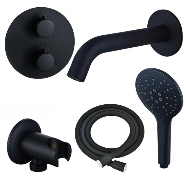 Fortifura Calvi Badkraan set - uitloop - 22cm inkortbaar - rond bedieningspaneel - gladde slang - ronde handdouche - inbouwdeel - wandhouder - mat zwart SW542644/SW706210/SW721167/SW1122511/SW496816/S