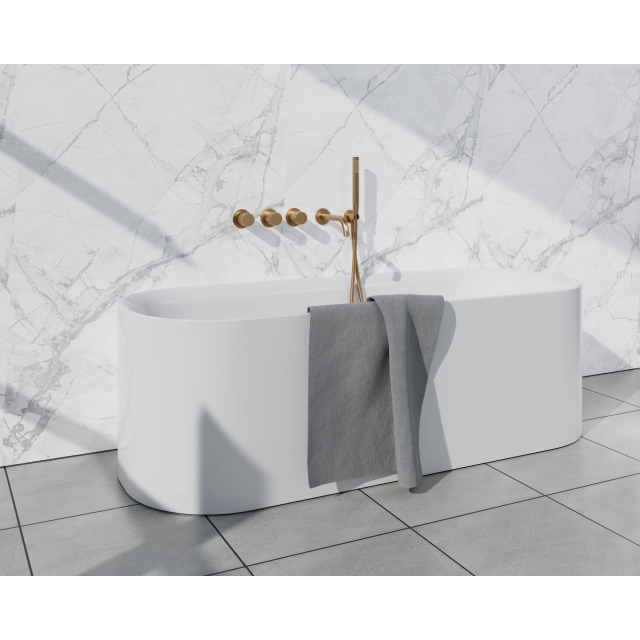 Fortifura Nebbio Badcombinatie-set - thermostaatkraan - inbouwdeel - 2x uitbreiding inbouwdeel - wandaansluitbocht - metalen doucheslang - staaf handdouche - uitloop - geborsteld messing PVD (goud) SW