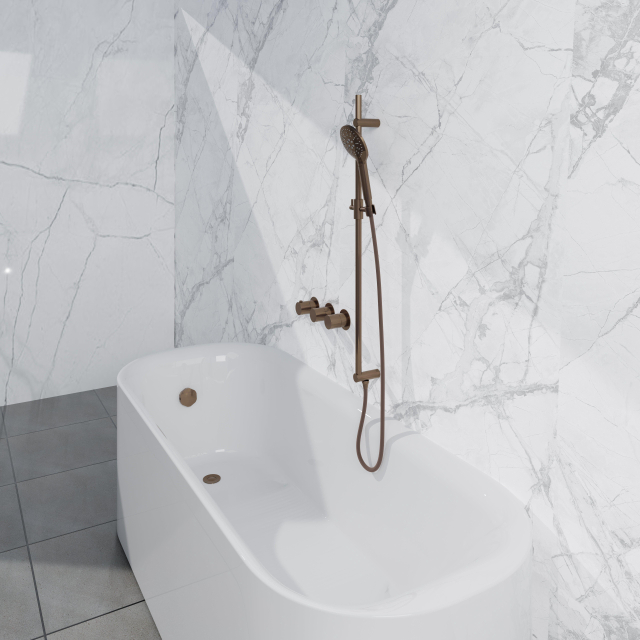 Fortifura Nebbio Badcombinatie-set - thermostaatkraan - inbouwdeel - glijstang - gladde doucheslang - ronde handdouche - badafvoer opbouw - geborsteld koper PVD (koper) SW1183069 SW1111533 SW799407 SW