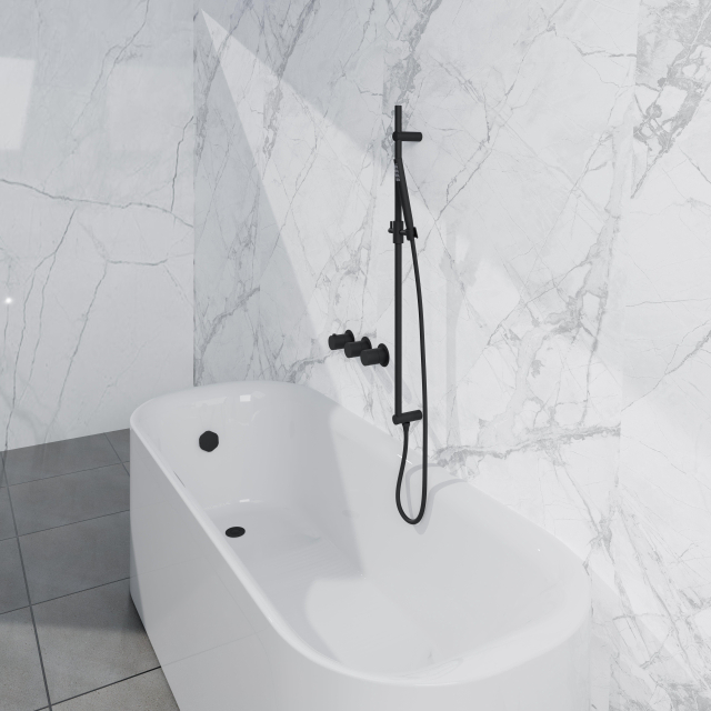 Fortifura Nebbio Badcombinatie-set - thermostaatkraan - inbouwdeel - glijstang - metalen doucheslang - staaf handdouche - badafvoer opbouw - mat zwart SW1183065 SW1111528 SW706203 SW496811 SW1108811 S