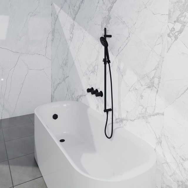 Fortifura Nebbio Badcombinatie-set - thermostaatkraan - inbouwdeel - glijstang - metalen doucheslang - ronde handdouche - badafvoer opbouw - mat zwart SW1183065 SW1111528 SW706203 SW496816 SW1108811 S