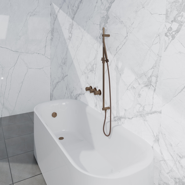 Fortifura Nebbio Badcombinatie-set - thermostaatkraan - inbouwdeel - glijstang - metalen doucheslang - staaf handdouche - badafvoer opbouw - geborsteld koper PVD (koper) SW1183069 SW1111533 SW970048 S