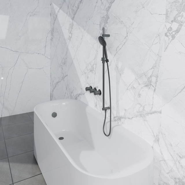 Fortifura Nebbio Badcombinatie-set - thermostaatkraan - inbouwdeel - glijstang - metalen doucheslang - ronde handdouche - badafvoer opbouw - geborsteld gunmetal PVD SW1183068 SW1111532 SW706207 SW7994