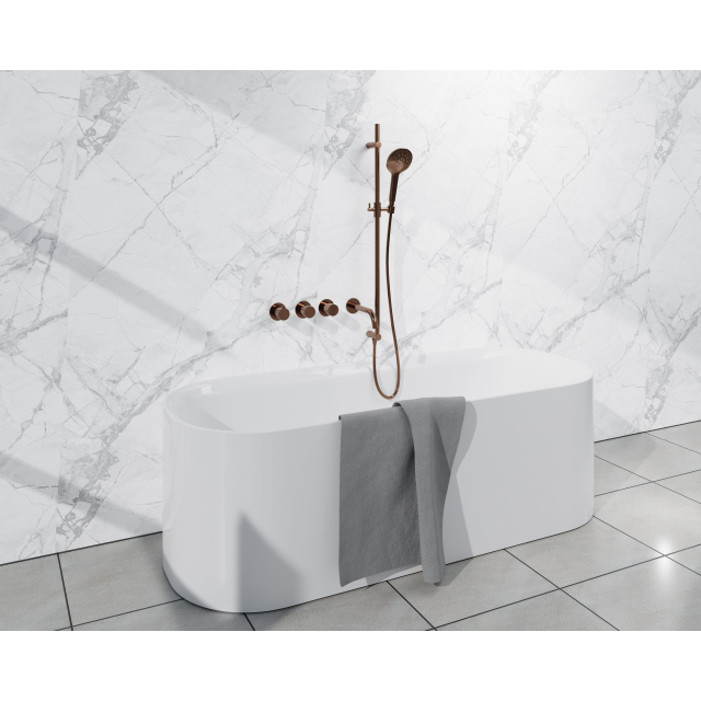 Fortifura Nebbio Badcombinatie-set - thermostaatkraan - inbouwdeel - glijstang - metalen doucheslang - ronde handdouche - uitbreiding inbouwdeel - uitloop - geborsteld koper SW1183069 SW1111533 SW9700