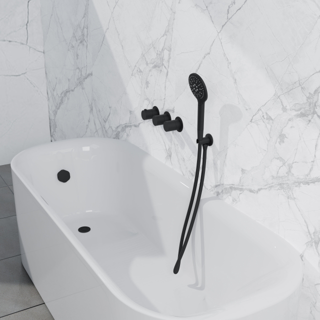 Fortifura Nebbio Badcombinatie-set - thermostaatkraan - inbouwdeel - inbouw uitbreiding - wandaansluitbocht - gladde doucheslang - ronde handdouche - badafvoer opbouw - mat zwart SW1183065 SW1183076 S