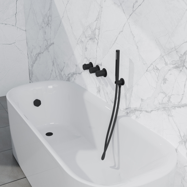 Fortifura Nebbio Badcombinatie-set - thermostaatkraan - inbouwdeel - inbouw uitbreiding - wandaansluitbocht - metalen doucheslang - staaf handdouche - badafvoer opbouw - mat zwart SW1183065 SW1183076 