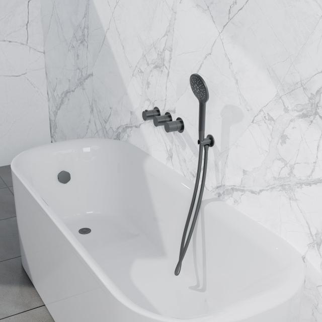 Fortifura Nebbio Badcombinatie-set - thermostaatkraan - inbouwdeel - inbouw uitbreiding - wandaansluitbocht - metalen doucheslang - ronde handdouche - badafvoer opbouw - geborsteld gunmetal PVD SW1183