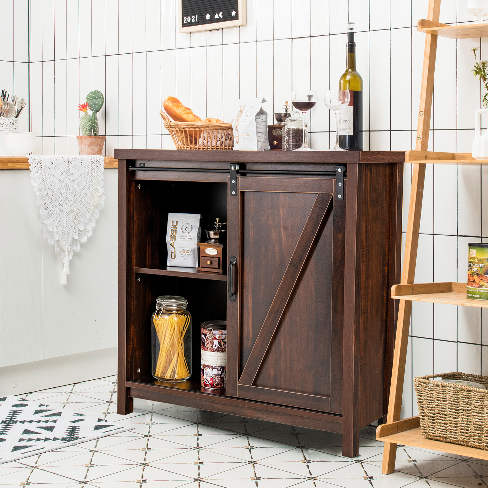 Costway Zijtafel van Hout Keukenkast met Schuifdeuren & 4 Vakken Vrijstaande Kast voor Keuken 80 x 40 x 82 cm Bruin