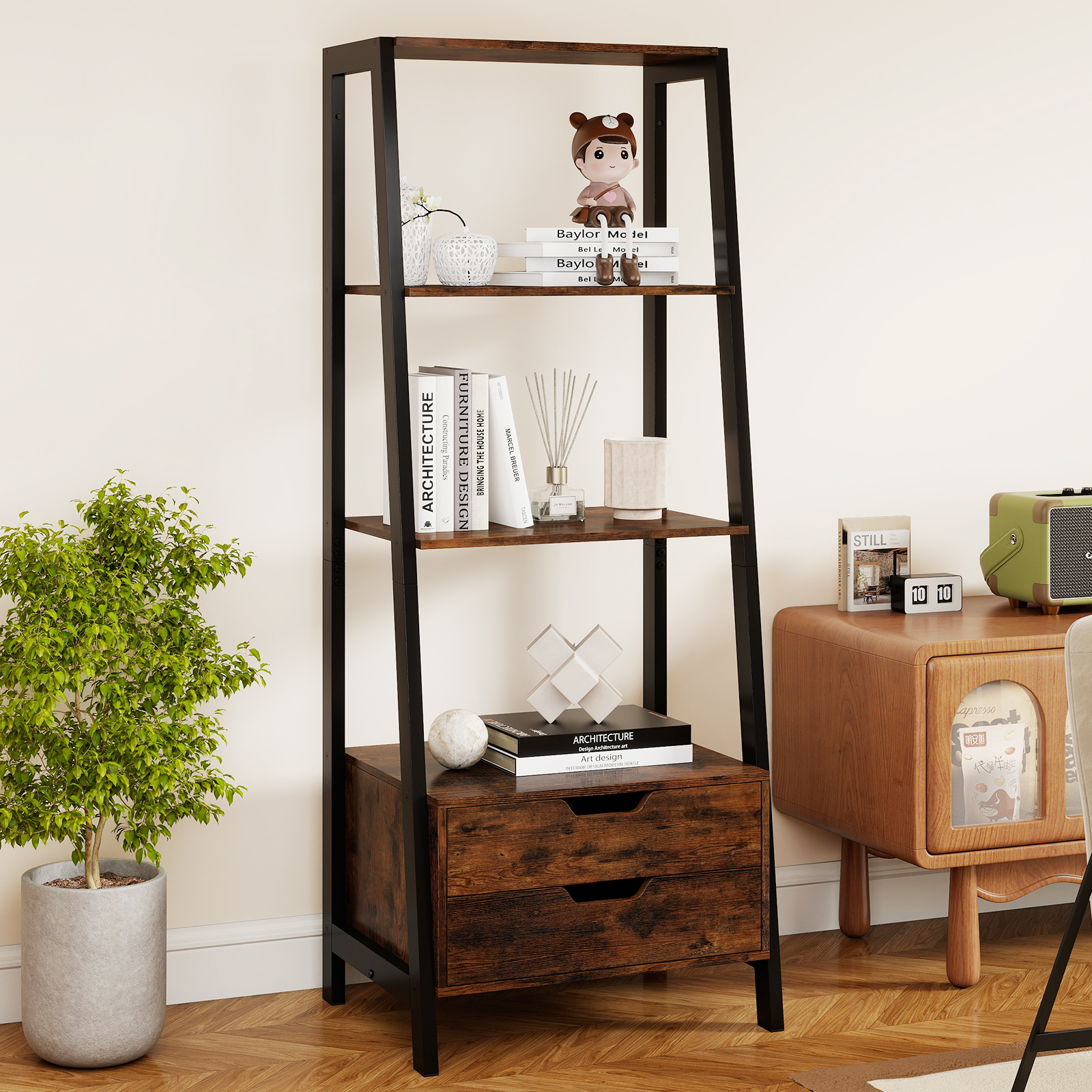 Costway Vrijstaand Ladderrek 134 cm Boekenrek met 4 Open Planken en 2 Lades Veelzijdige Staande Kast Bruin