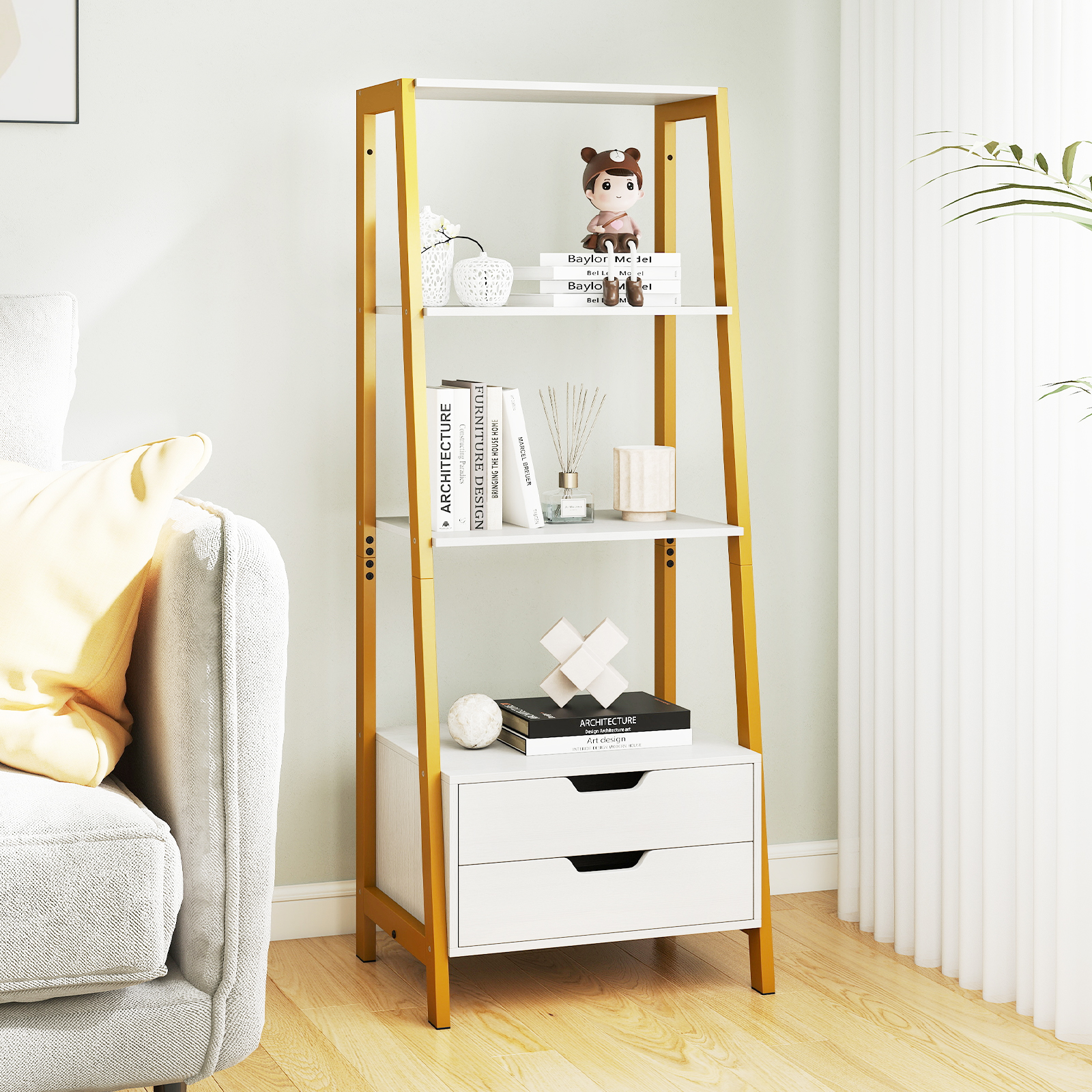 Costway Vrijstaand Ladderrek 134 cm Boekenrek met 4 Open Planken en 2 Lades Veelzijdige Staande Kast Wit