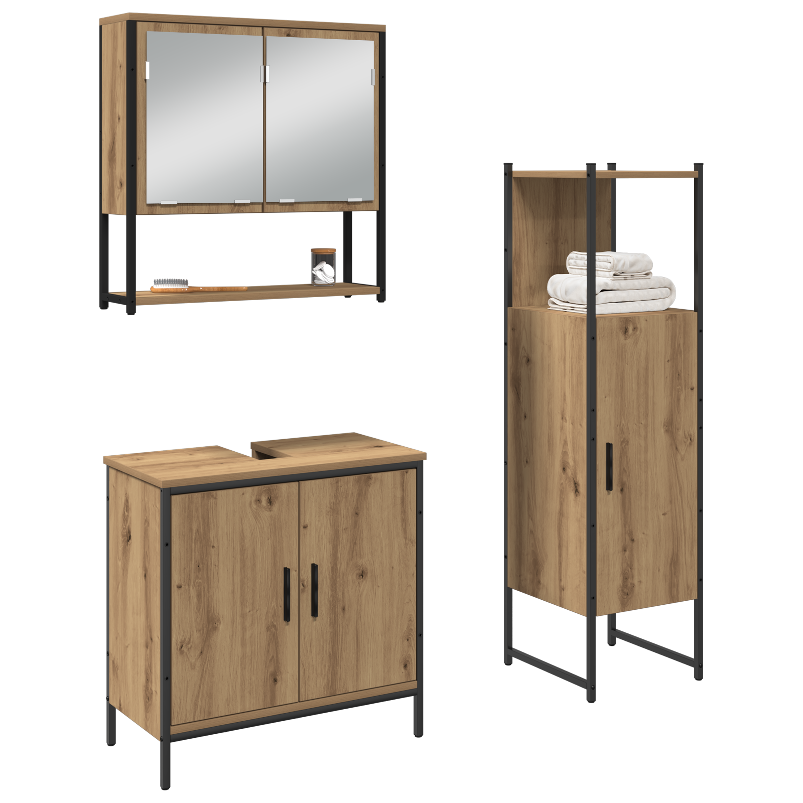 vidaXL 3-delige Badkamer Meubelset Massief Eiken Bewerkt Hout