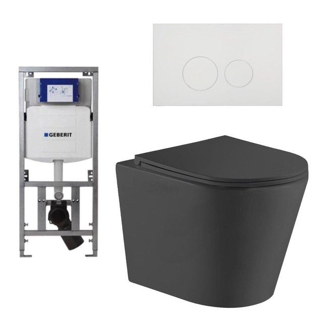 Geberit QeramiQ Dely Toiletset - 36.3x51.7cm - diepspoel - rimless -  UP320 Burda inbouwreservoir - softclose toiletzitting - glans witte bedieningsplaat - ronde knoppen - zwart mat SW1026253/0701131/S