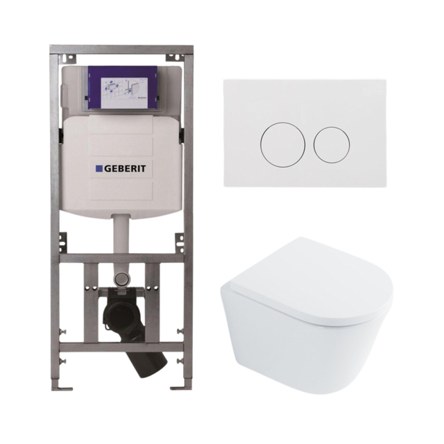 Geberit QeramiQ Dely Toiletset - 36.3x51.7cm - diepspoel - rimless -  UP320 Burda inbouwreservoir - softclose toilet zitting 35 mm - glans witte bedieningsplaat - ronde knoppen - wit glans SW1026255 / 