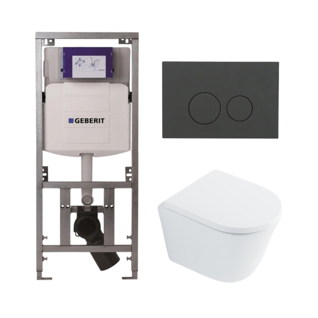 Geberit QeramiQ Dely Toiletset - 36.3x51.7cm - diepspoel - rimless -  UP320 inbouwreservoir - softclose toilet zitting 35 mm - bedieningsplaat mat antraciet - ronde knoppen - wit glans SW1026255 / SW11