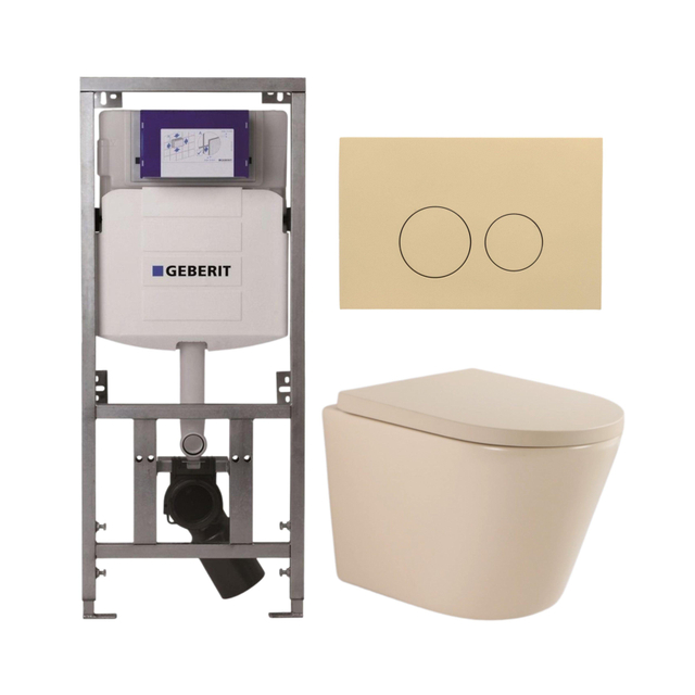 Geberit QeramiQ Dely Toiletset - 36.3x51.7cm - diepspoel - rimless -  UP320 inbouwreservoir - softclose toilet zitting 35 mm - bedieningsplaat beige - ronde knoppen - mat beige SW1000764/SW1000771/0701