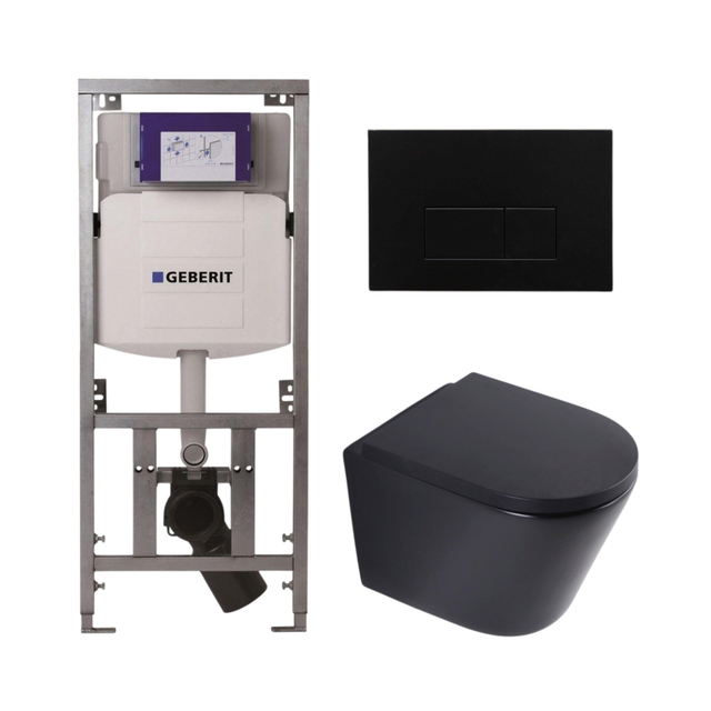 Geberit QeramiQ Dely Toiletset - 36.3x51.7cm - diepspoel - rimless -  UP320 inbouwreservoir - softclose toilet zitting 35 mm - kunstof mat zwarte bedieningsplaat - rechthoekige knoppen - mat zwart SW10