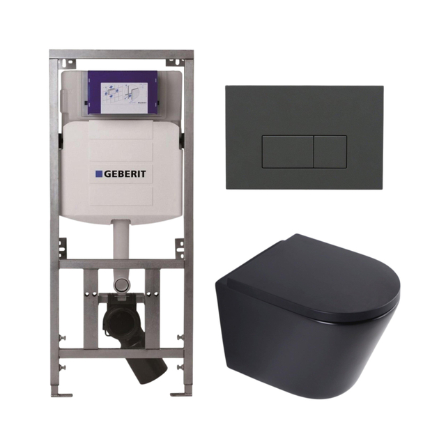 Geberit QeramiQ Dely Toiletset - 36.3x51.7cm - diepspoel - rimless -  UP320 inbouwreservoir - softclose toilet zitting 35 mm - bedieningsplaat antraciet mat - rechthoekige knoppen - mat zwart SW1026253
