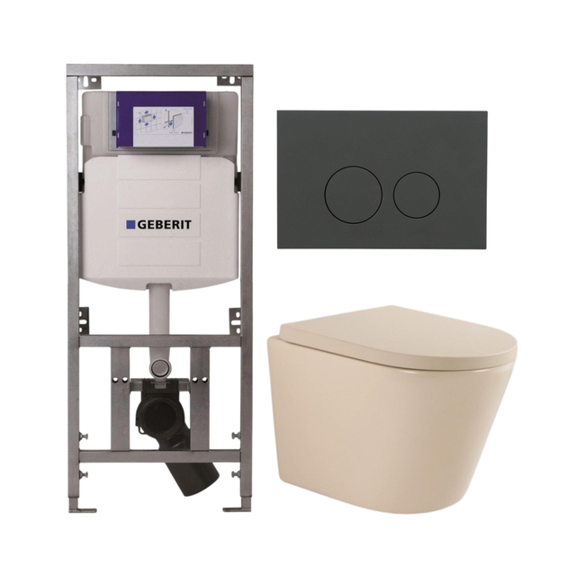 Geberit QeramiQ Dely Toiletset - 36.3x51.7cm - diepspoel - rimless -  UP320 inbouwreservoir - softclose toilet zitting 35 mm - bedieningsplaat mat antraciet - ronde knoppen - mat beige SW1000764/SW1000