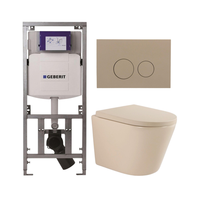 Geberit QeramiQ Dely Toiletset - 36.3x51.7cm - diepspoel - rimless -  UP320 inbouwreservoir - softclose toilet zitting 35 mm - bedieningsplaat taupe - ronde knoppen - mat beige SW1000764/SW1000771/0701