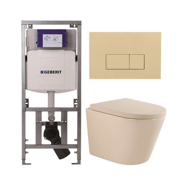 Geberit QeramiQ Dely Toiletset - 36.3x51.7cm - diepspoel - rimless -  UP320 inbouwreservoir - softclose toilet zitting 35 mm - bedieningsplaat beige - rechthoekige knoppen - mat beige SW1000764/SW10007