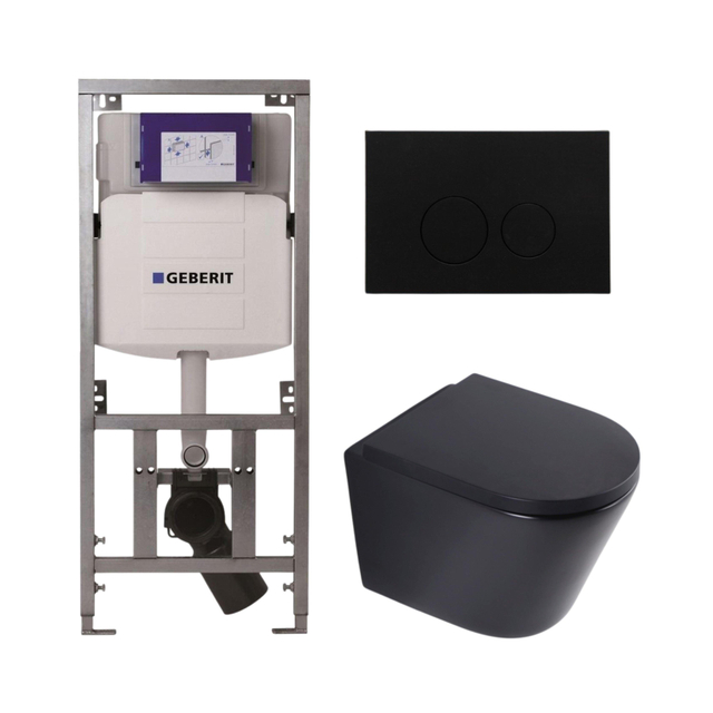 Geberit QeramiQ Dely Toiletset - 36.3x51.7cm - diepspoel - rimless -  UP320 inbouwreservoir - softclose toilet zitting 35 mm - kunststof mat zwarte bedieningsplaat - ronde knoppen - mat zwart SW1026253