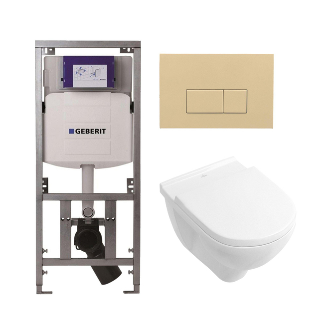 Villeroy & Boch O.novo Toiletset - Geberit inbouwreservoir - diepspoel wandcloset - softclose - bedieningsplaat beige - rechthoekige knoppen - wit 0701131/0124124/0124182/SW1102366