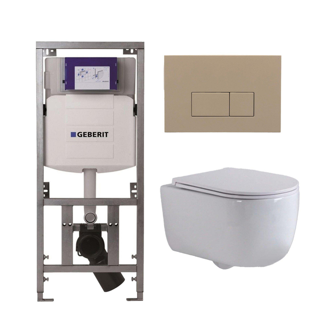 Geberit QeramiQ Dely Swirl Toiletset - 36.3x51.7cm -  UP320 Burda inbouwreservoir - slimzitting - bedieningsplaat taupe - rechthoekige knoppen - wit glans 0701131/SW1102379/SW1000766/SW1026256